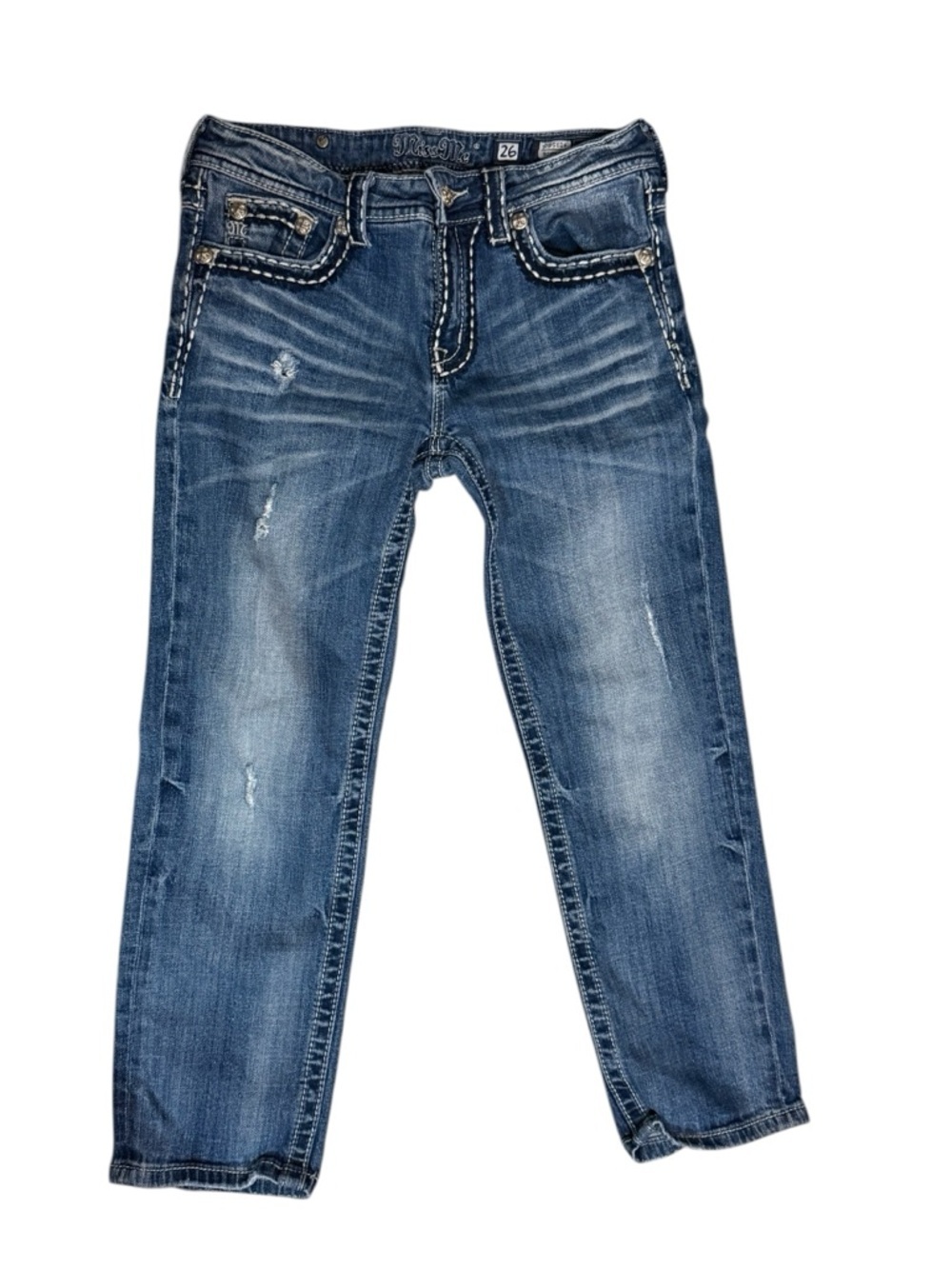Miss Me Women’s Boyfriend Capri Jeans - Blue Distressed Medium Wash Size 26